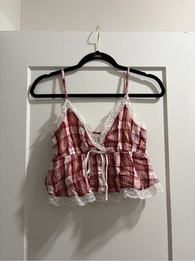 American Eagle Plaid Lace Babydoll Cami Top XS